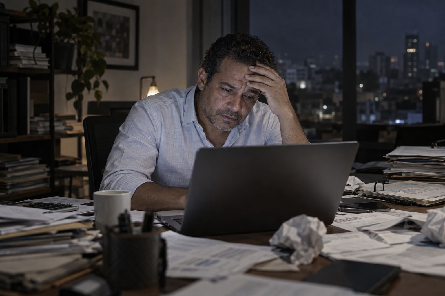 Antes: empresario agobiado frente a la laptop, con papeles dispersos.