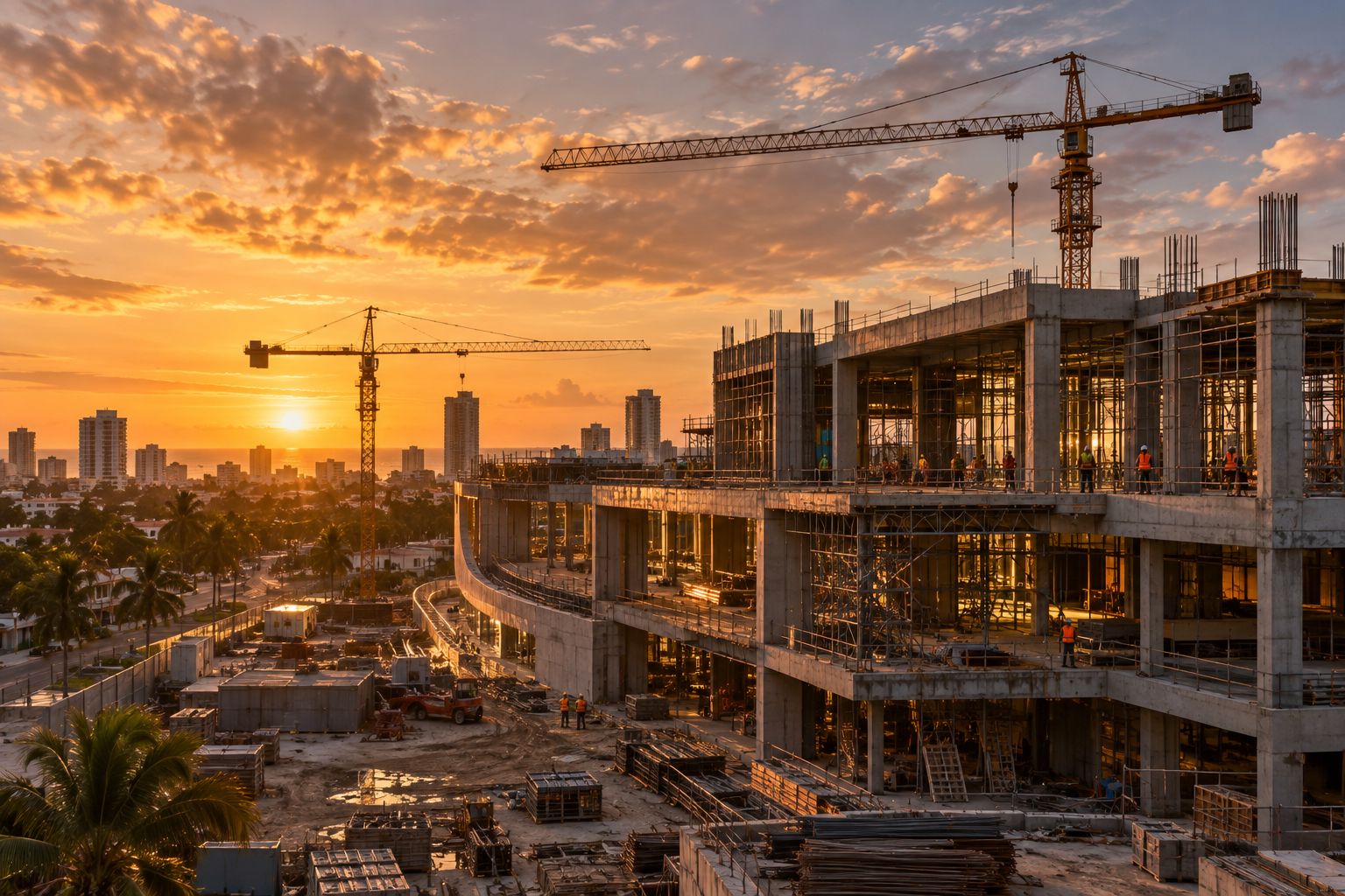 Edificación en construcción al atardecer con grúas.