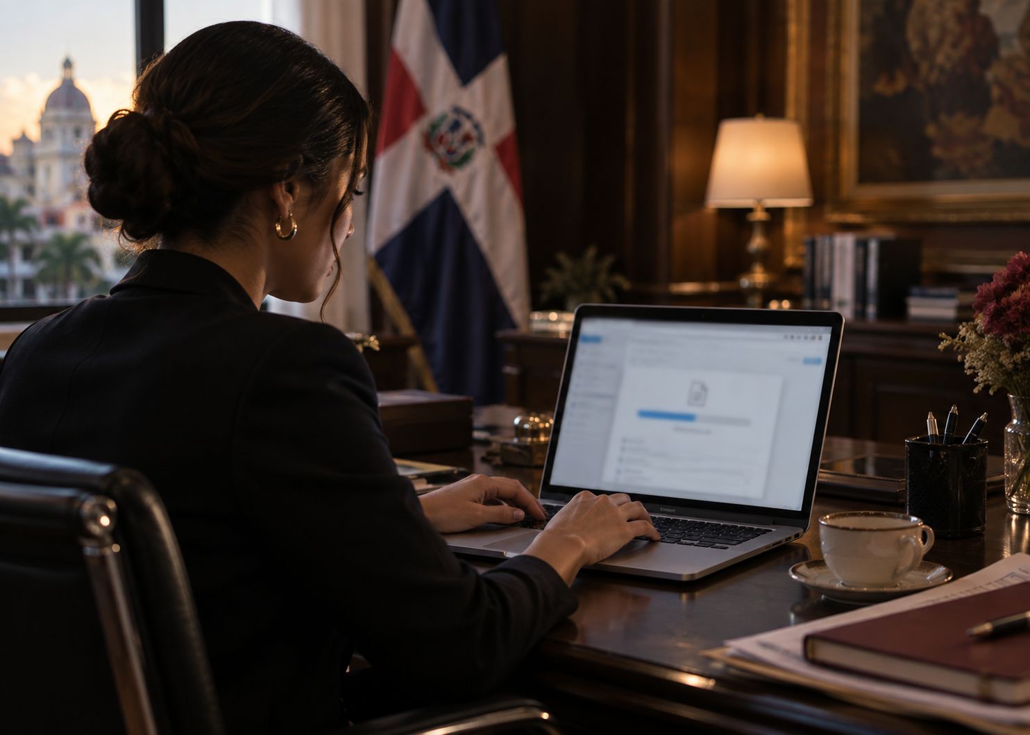 Consultora cargando una oferta en el portal desde su laptop.